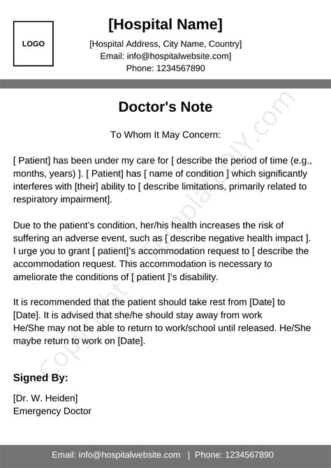 Doctor's note sample letter