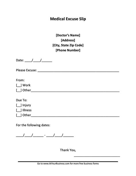 Doctors Excuse For Work Template Free