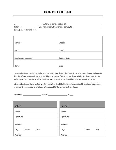 Dog Bill of Sale Template Excel