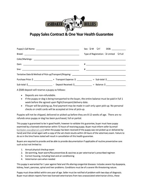 Dog Health Guarantee Template