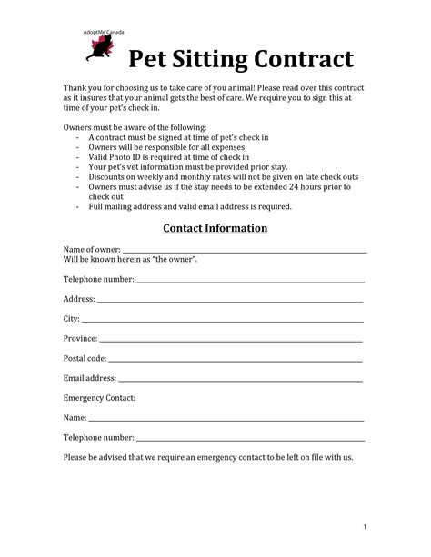 Dog sitting contract template sample