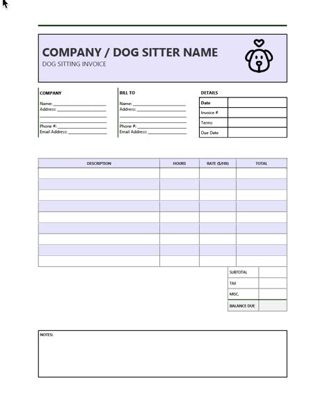 Dog Sitting Invoice Template PDF