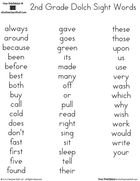 Image of second-grade sight words