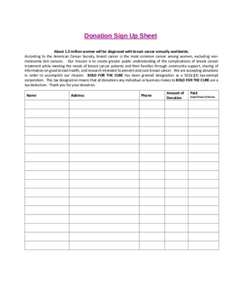 Donation Sign-Up Sheet Template