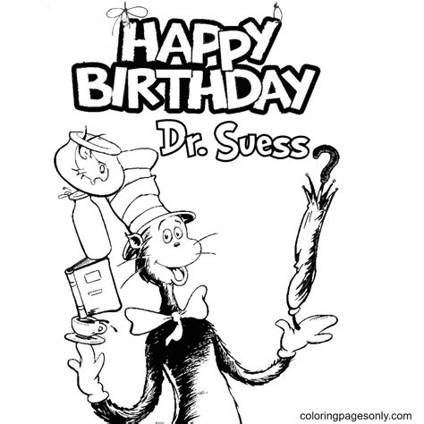 Dr. Seuss characters birthday coloring page