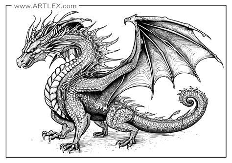 Realistic dragon coloring page with scales and wings