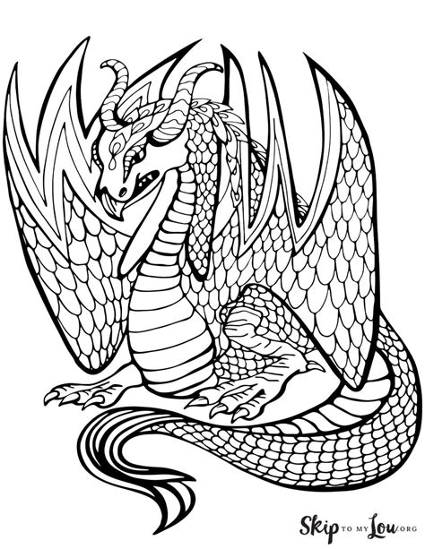 Realistic dragon coloring page with wings