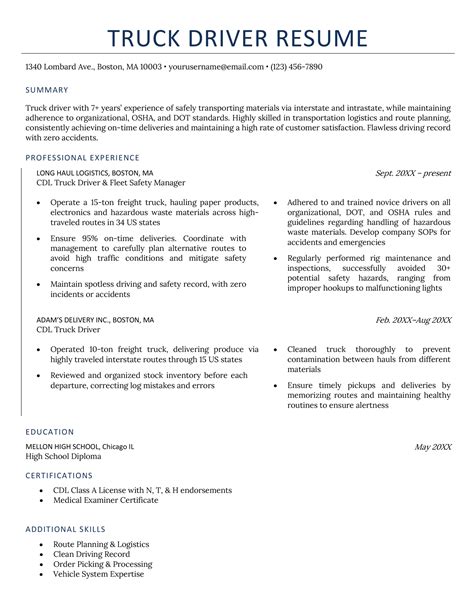 Driver Resume Format