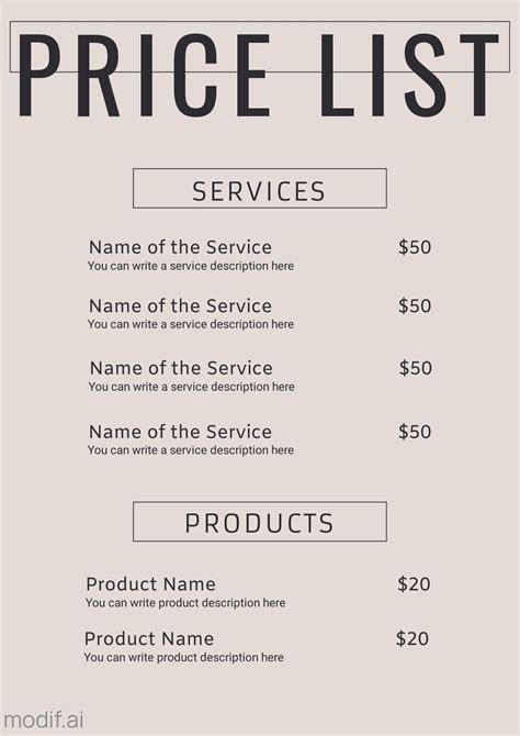 Drop-Down Menu Price List Template