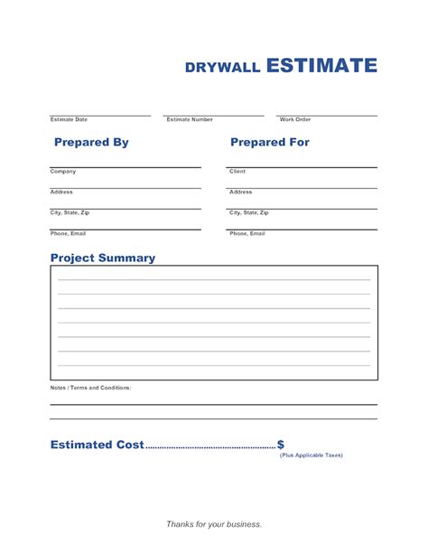 Drywall Estimate Template Example