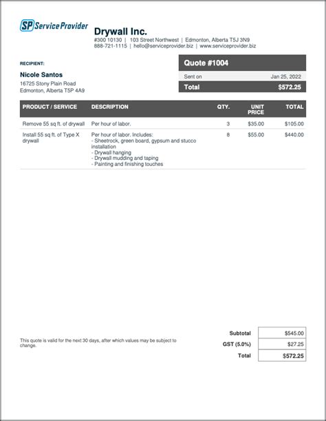 Drywall Estimate Template Example 2