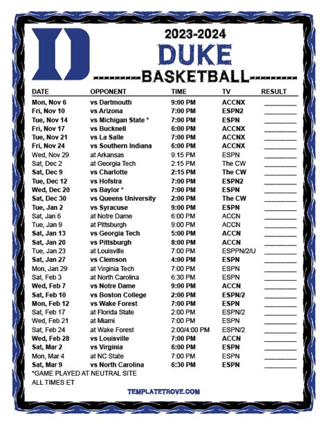 Duke Basketball Schedule Printable Calendar