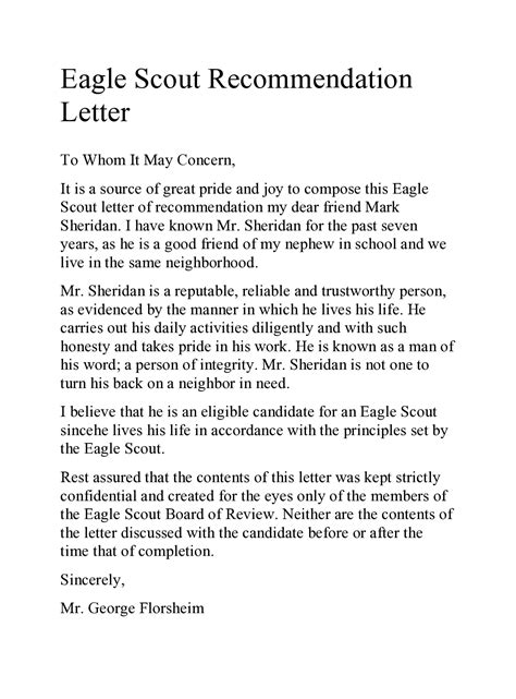 Eagle Scout Letter of Recommendation Template 1