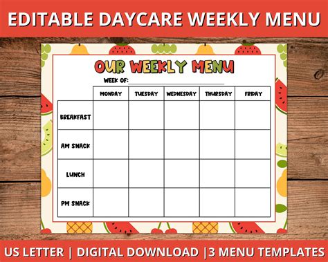 editable daycare menu template