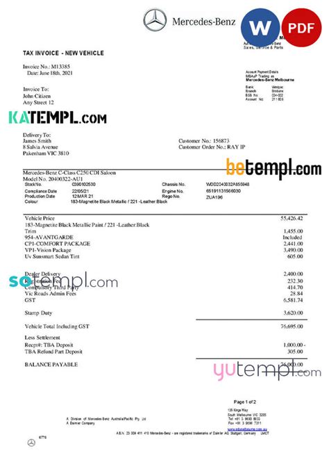 Editable Mercedes Benz Invoice Template