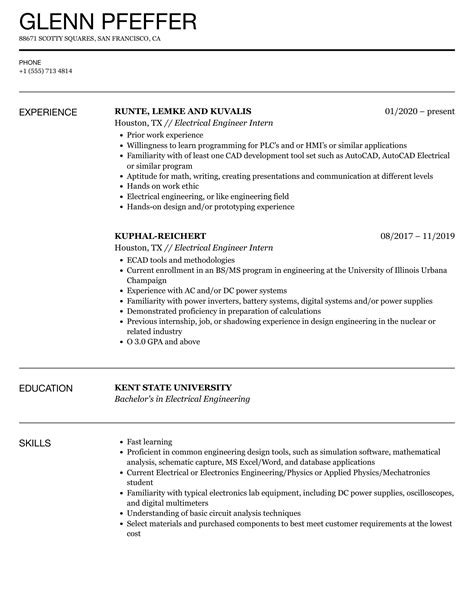 electrical engineering internship resume