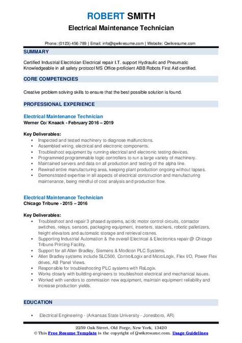 Electrical Maintenance Resume Template