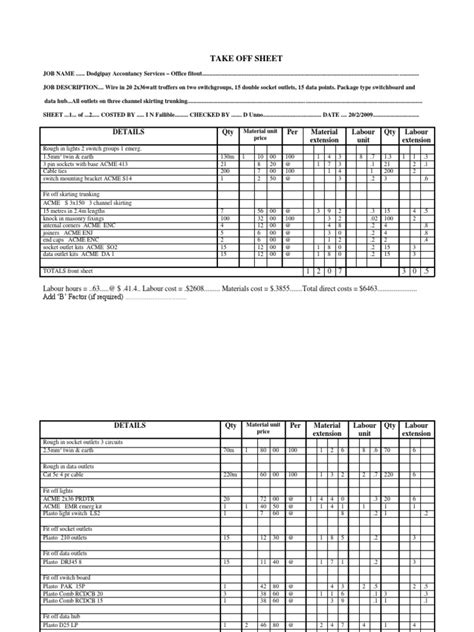 Electrical Takeoff Sheet Template Example