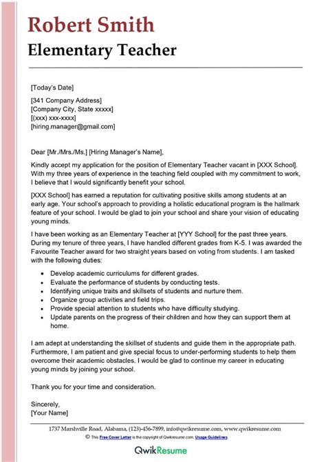 A sample elementary teacher cover letter