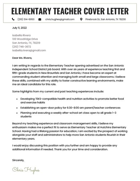 Elementary Teacher Cover Letter Template