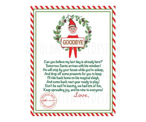 Elf on the Shelf goodbye letter printable download