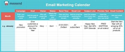 Email Marketing Calendar Template in Excel Structure