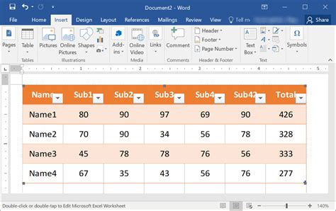 Insert Table feature in Word