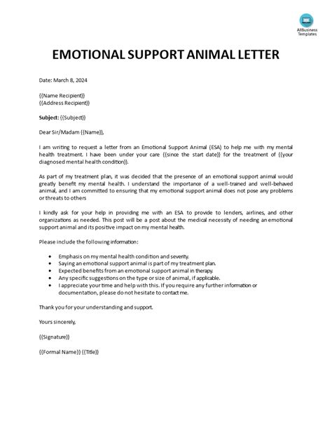 Emotional Support Animal Template Sample Letter