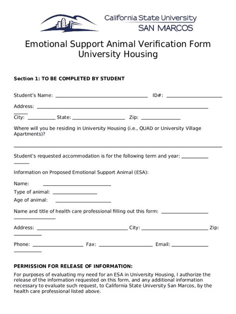 Emotional Support Animal Verification Template Example