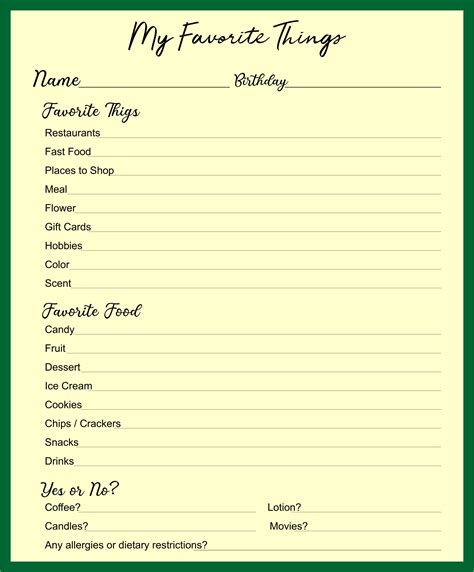 Employee Favorite Things List Printable