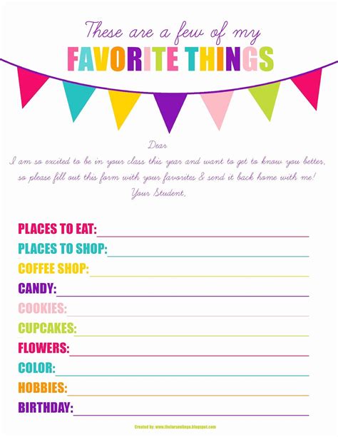 Employee Favorite Things List Printable Template