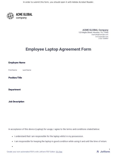 Employee Laptop Agreement Template in Word Format