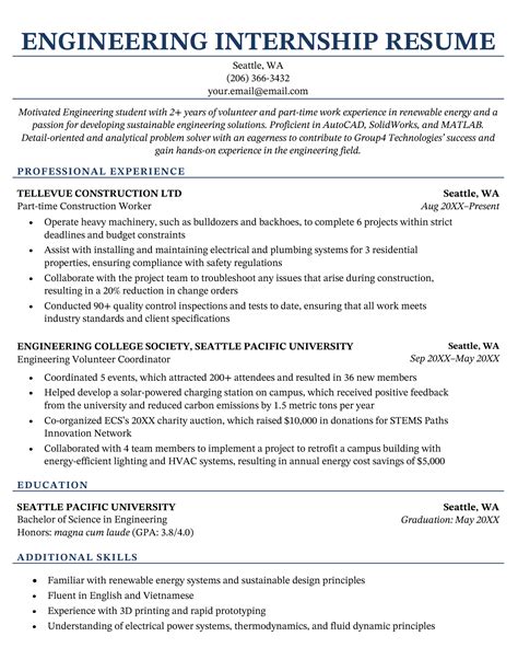 engineering internship resume template word