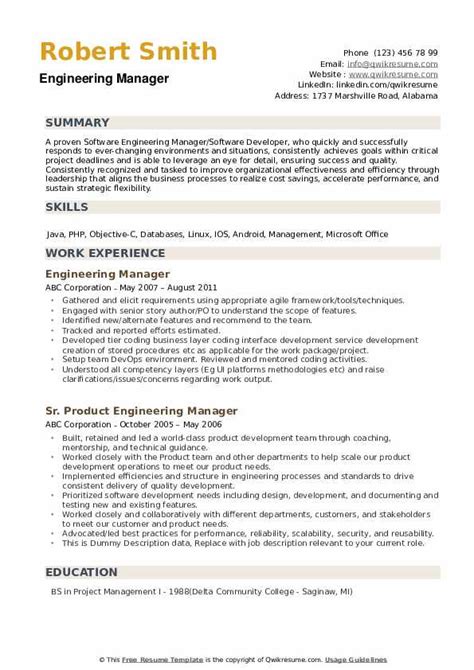 Engineering Manager Resume Sample