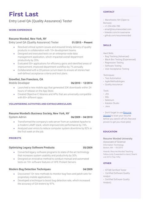 Entry-Level QA Tester Resume