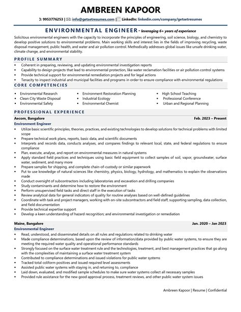 Example of an environmental engineering resume template