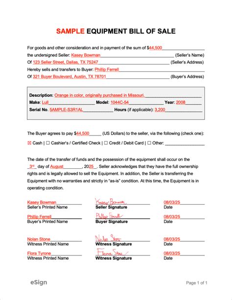 Equipment Bill of Sale Template