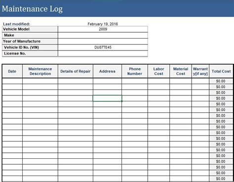 Equipment Log Template Excel