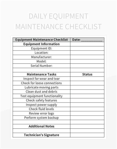 Equipment Maintenance Checklist Template