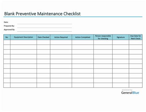 Equipment Maintenance Checklist Template Excel Example