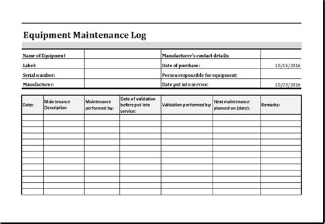 Equipment Maintenance Log Template