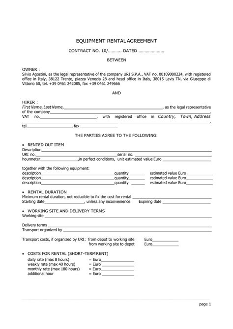 Equipment Rental Agreement Template