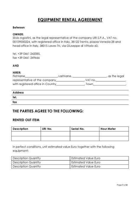 Equipment Rental Agreement Form Template