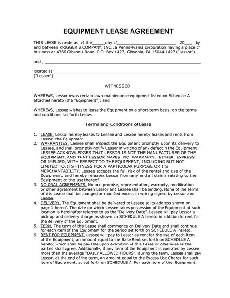 Equipment Rental Agreement Template