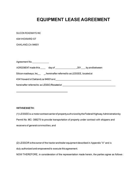 Equipment Rental Agreement Template Key Components