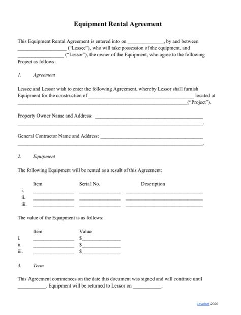 equipment rental agreement template word download free