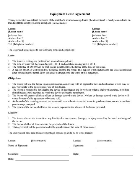 Equipment Rental Agreement Template Word Template