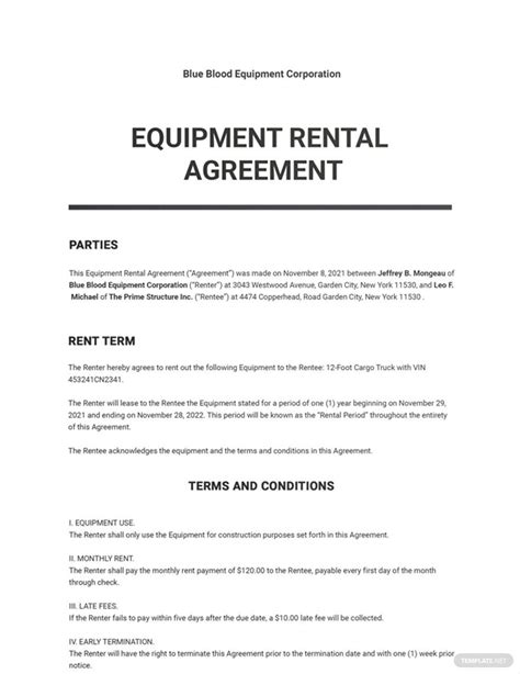 Equipment Rental Template Google Docs