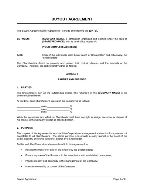 Equity buyout agreement template