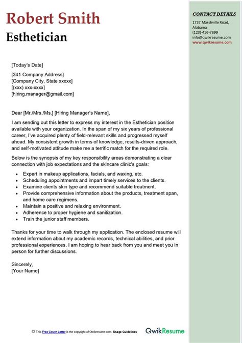 Esthetician Cover Letter Example 1